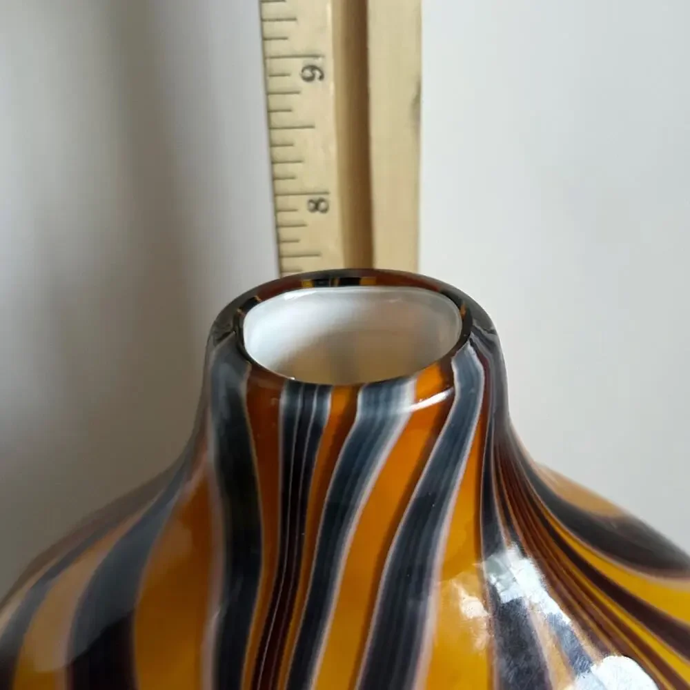 Vintage Murano Style Cased Tiger Strip / Pulled Feather Glass 8” Vase Set of 3
